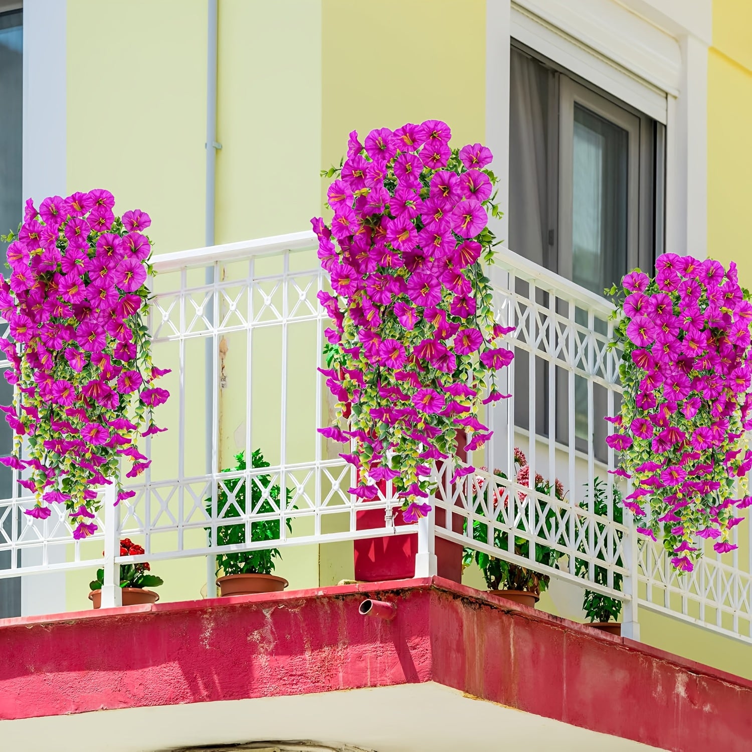 Paquete de 2 flores artificiales colgantes, ramo de campanillas artificiales, ideal para pared, rosa roja - 7