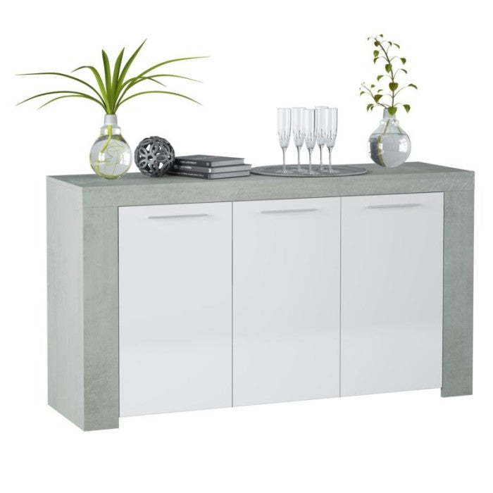 Buffet WENDY 3 portes L144cm - Blanc / Béton - 2