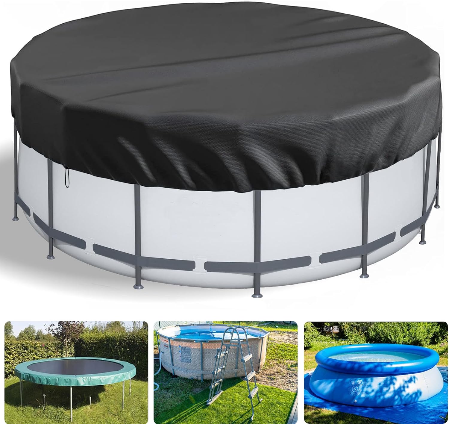Pokrywa basenowa do basenów o średnicy 305 cm, letnia i zimowa pokrywa basenowa z linkami naciągowymi i szpilkami do mocowania w podłożu (3,1 m)