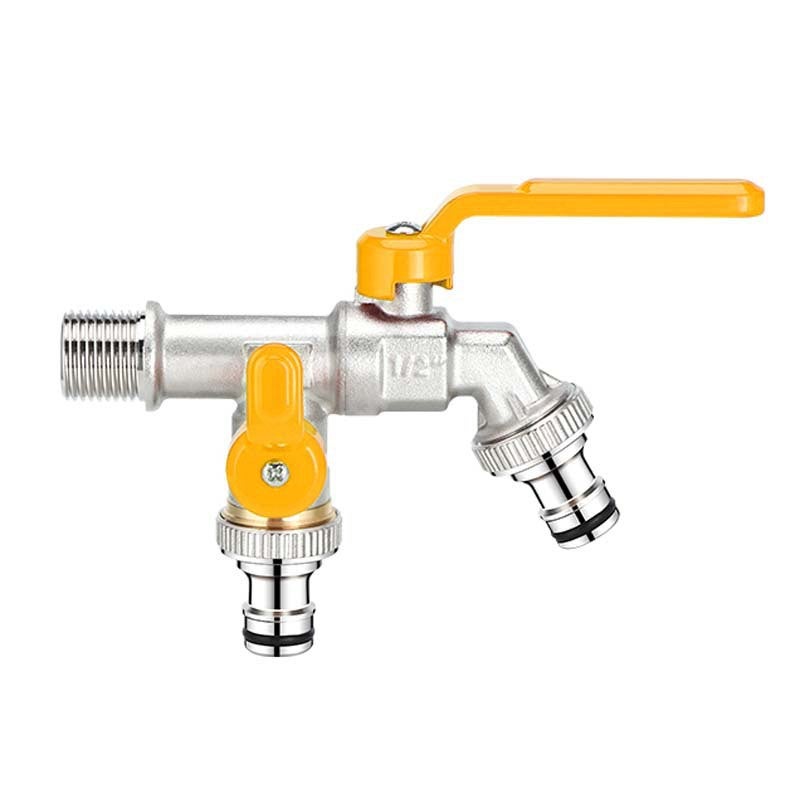 Kran ogrodowy, mosiężny, 1/2 cala, z podwójnym wyjściem, podwójna głowica 1/2*3/4*3/4 [żółty, 4-punktowy, przedłużony gwint]