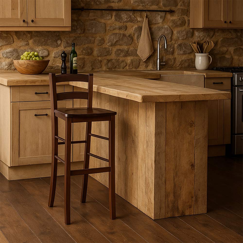 Sgabello alto da bar in legno h 80cm con seduta in massello noce