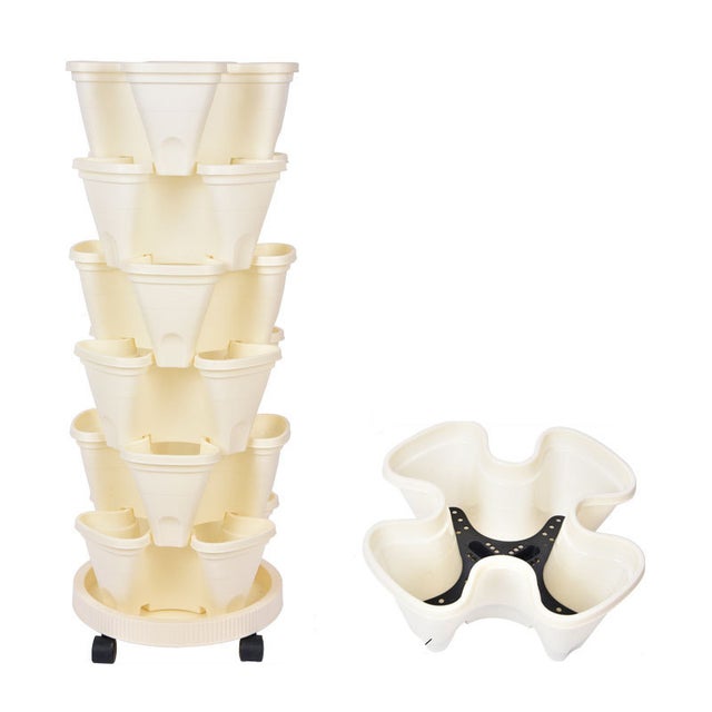 Jardinera vertical apilable de 6 niveles para fresas, flores y verduras - Macetas para jardín interior y exterior con ruedas y base extraíbles