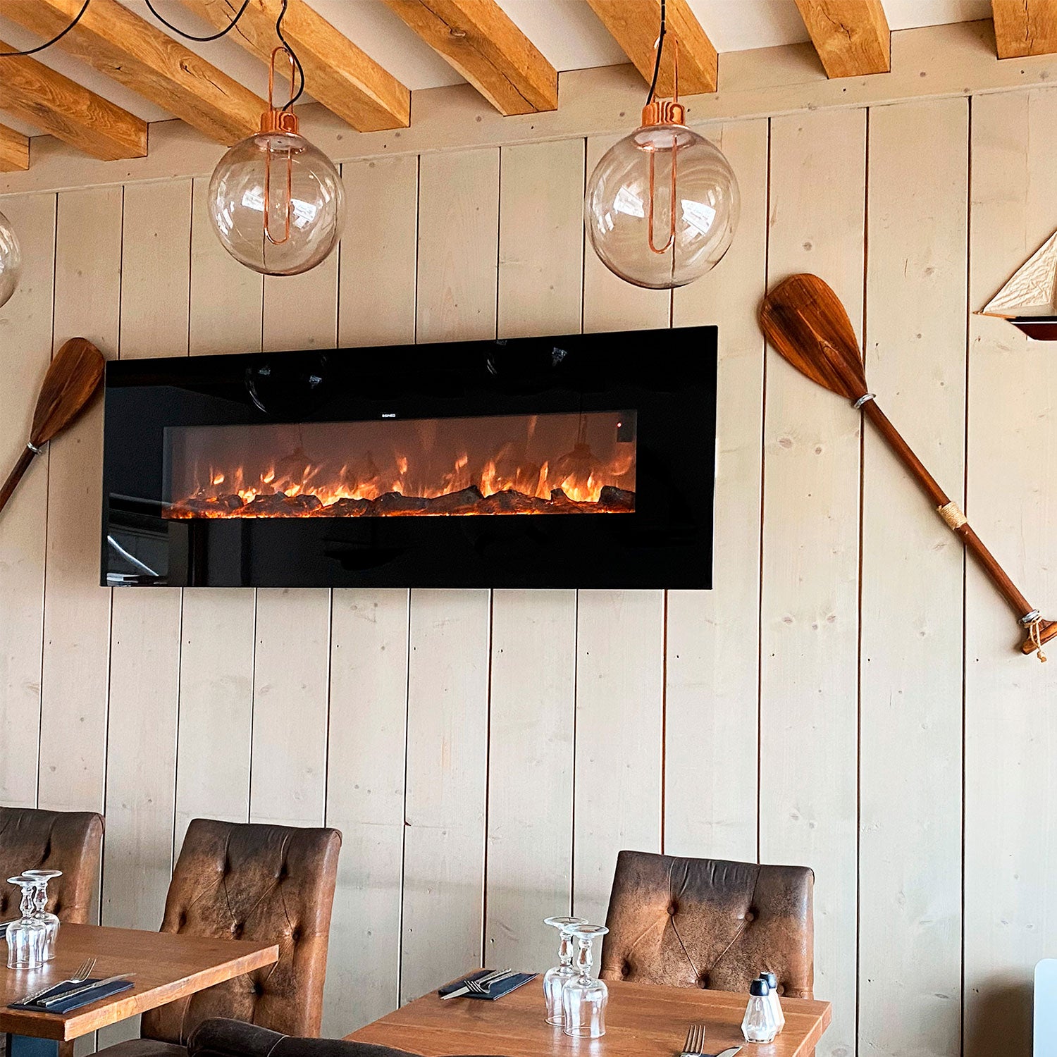 Sined aprica chimenea eléctrica de pared 1500w, acero y cristal, negro. efecto de llama led realista con 6 niveles. con mando a distancia. hogar y ofi