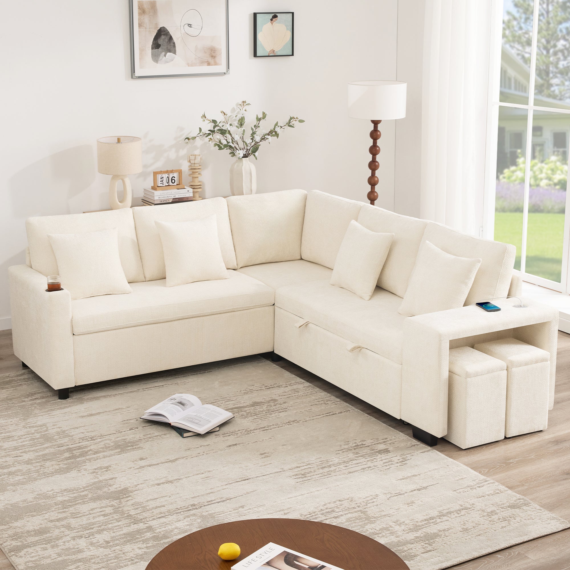 Canapé d'angle modulable 5-7 places avec pouf et rangement - 220 x 205 x 86,5 cm - Chenille - ports USB et USB-C - méridienne réversible - Beige - 3