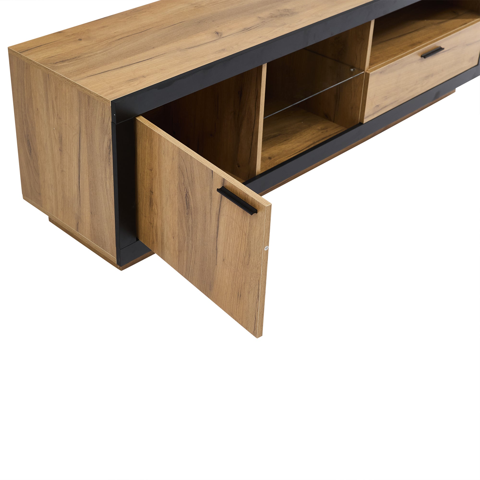 Meuble TV avec 1 porte, 1 tiroir et 2 compartiments - 160 x 40 x 50 cm - Panneau de particules et étagère en verre - LEDs - Noir et chêne - 8