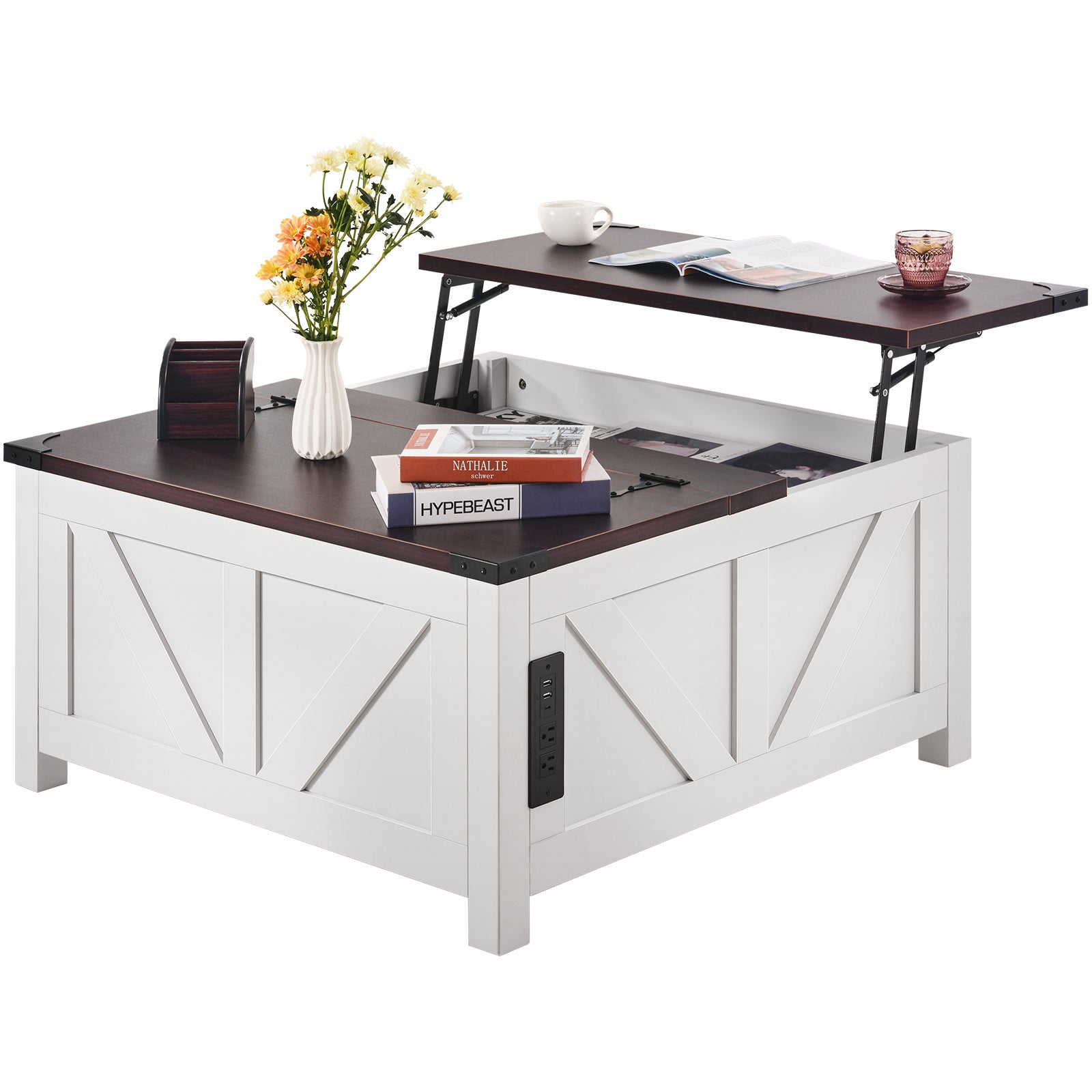 Table Basse Avec Plateau Relevable 3 Compartiments Ouverts Pour Rangement Polyvalents Pour Salon Bureau Blanc