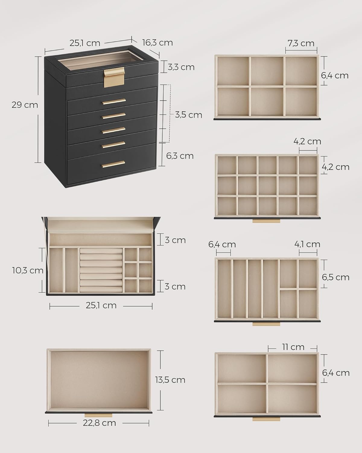 SONGMICS Boîte à Bijoux, Écrin à Accessoires 6 Niveaux, Coffre de Rangement, Couvercle en Verre, 5 Tiroirs, Moderne, Noir Graphite et Doré - 5