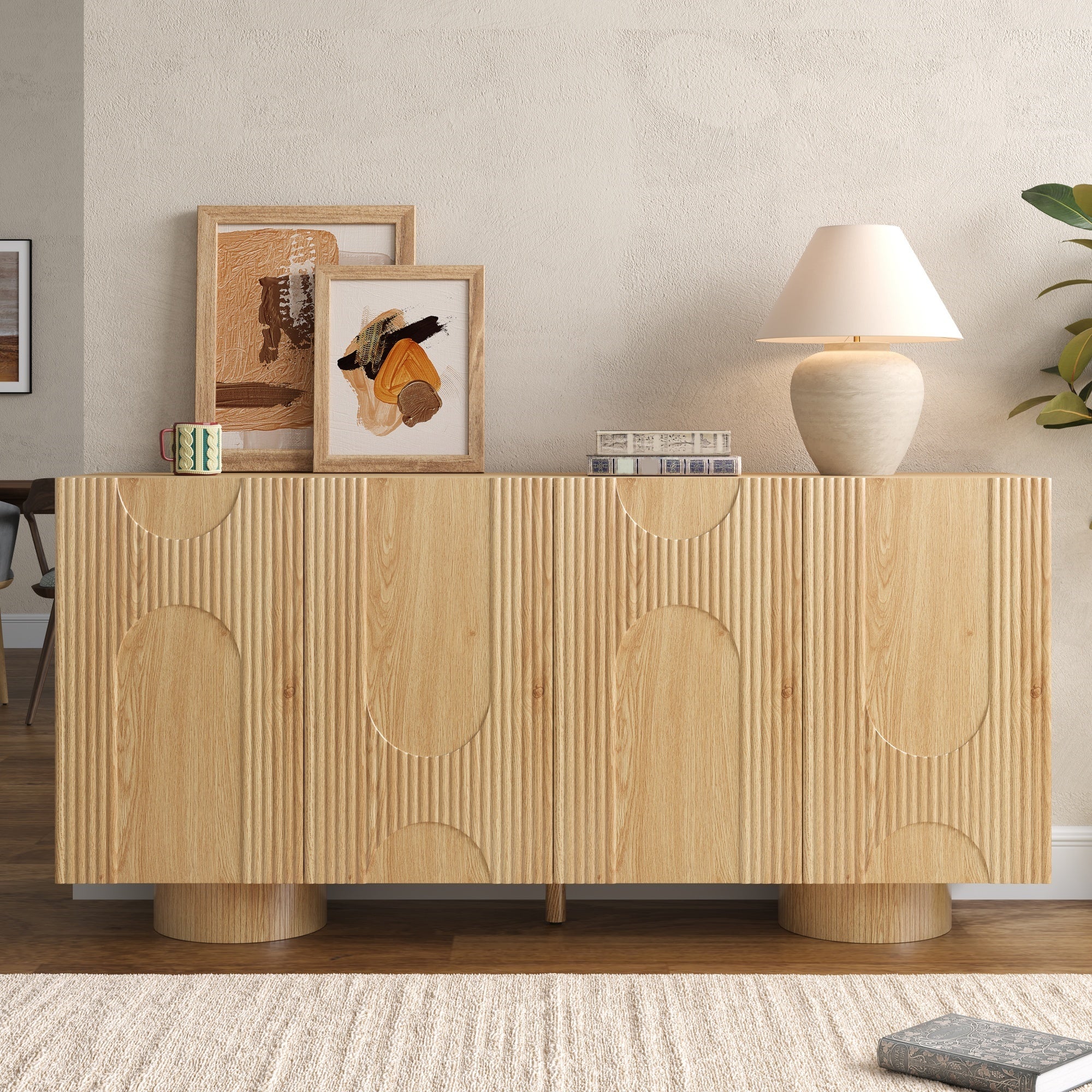 Komoda niska z 4 drzwiami i regulowanymi półkami - MDF + Bambus + Sosna - 160 × 38,5 × 76 cm - Drewno naturalne - 9