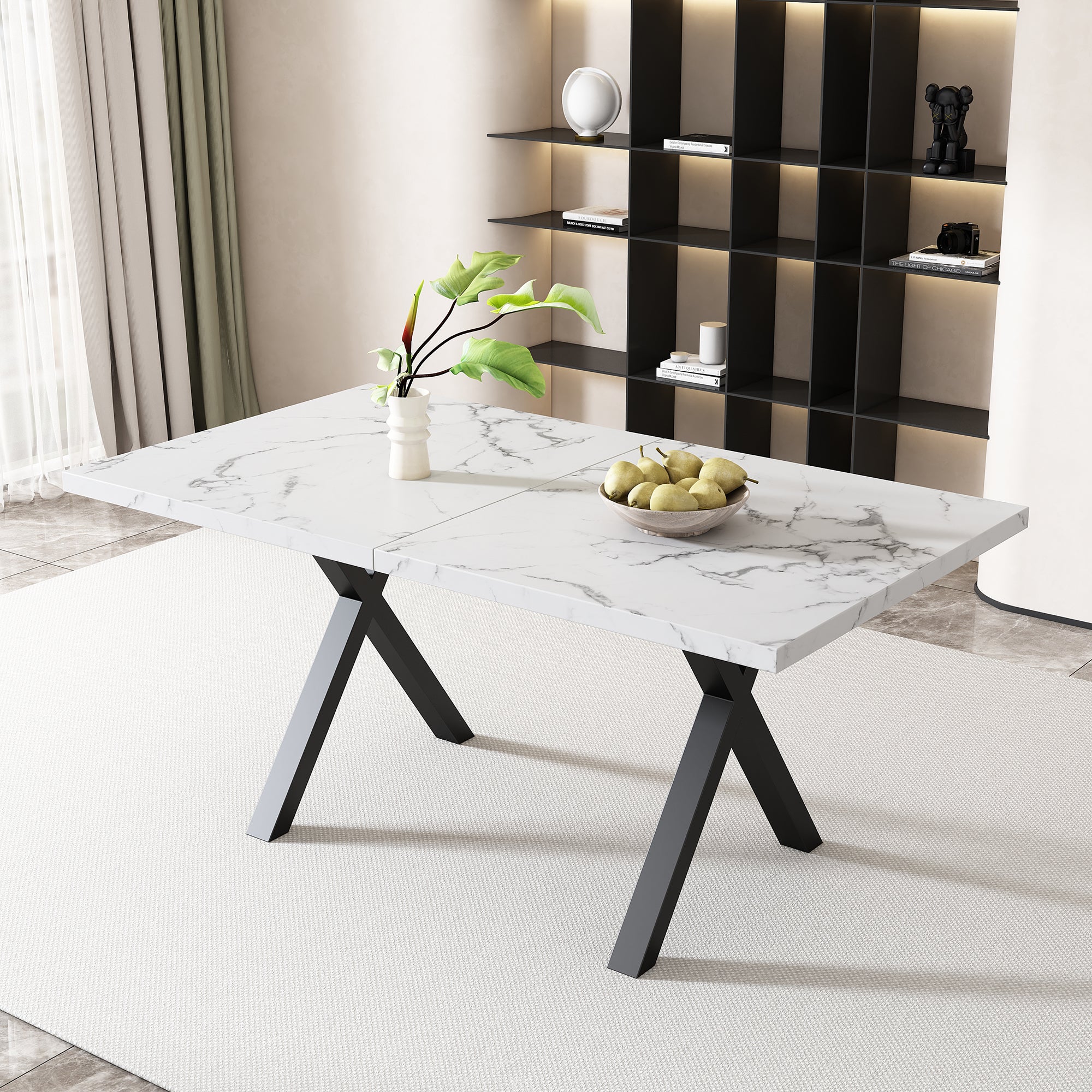 Stół jadalny prostokątny dla 4-6 osób - 140 x 80 x 76 cm - Płyta MDF i metal - Wzór marmuru - Biały + czarny - 2