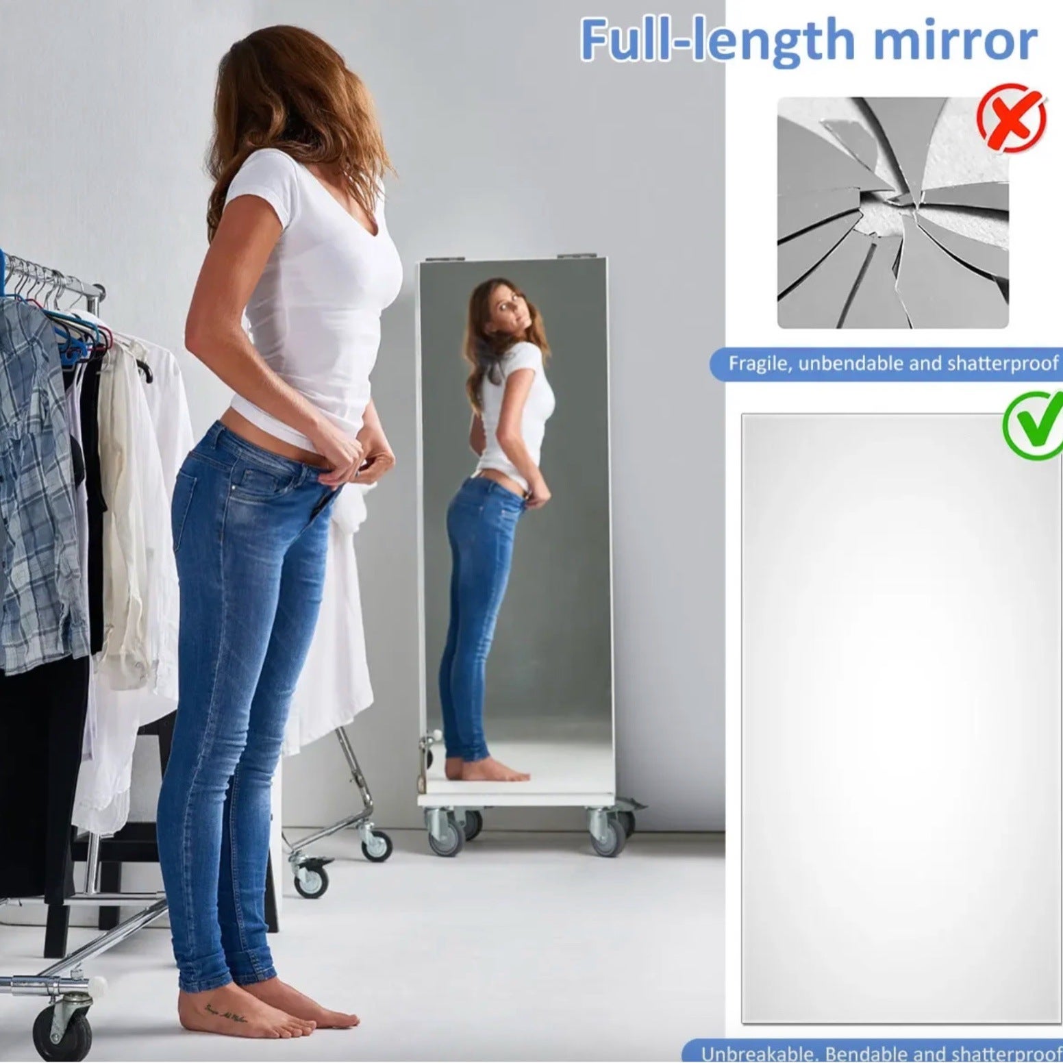 QWINERN Miroir autocollant en PET, sticker mural décoratif, miroir de salle de bain souple, flexible et incassable, 50 x 100 cm - 3