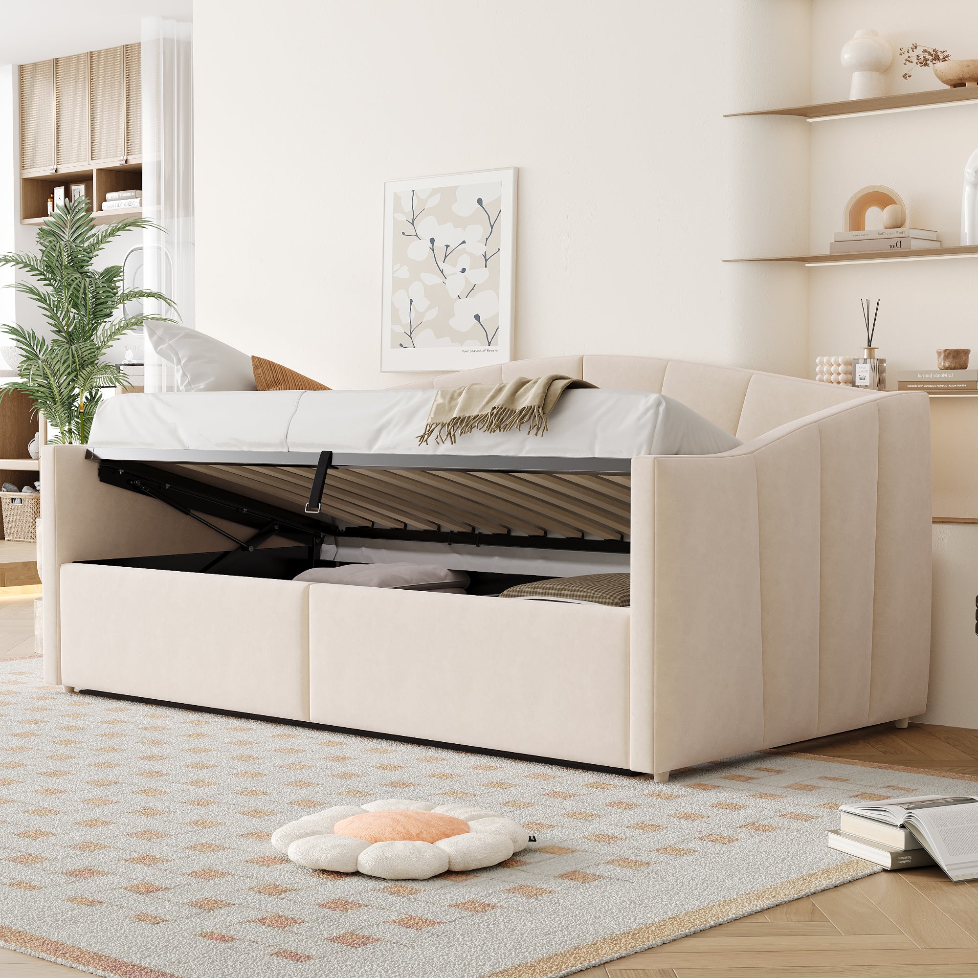 rozkładana sofa z pojemnikiem 90x200cm - stelaż lamelowy - tkanina welurowa - beżowy​ (materac nie jest wliczony w cenę) - 4