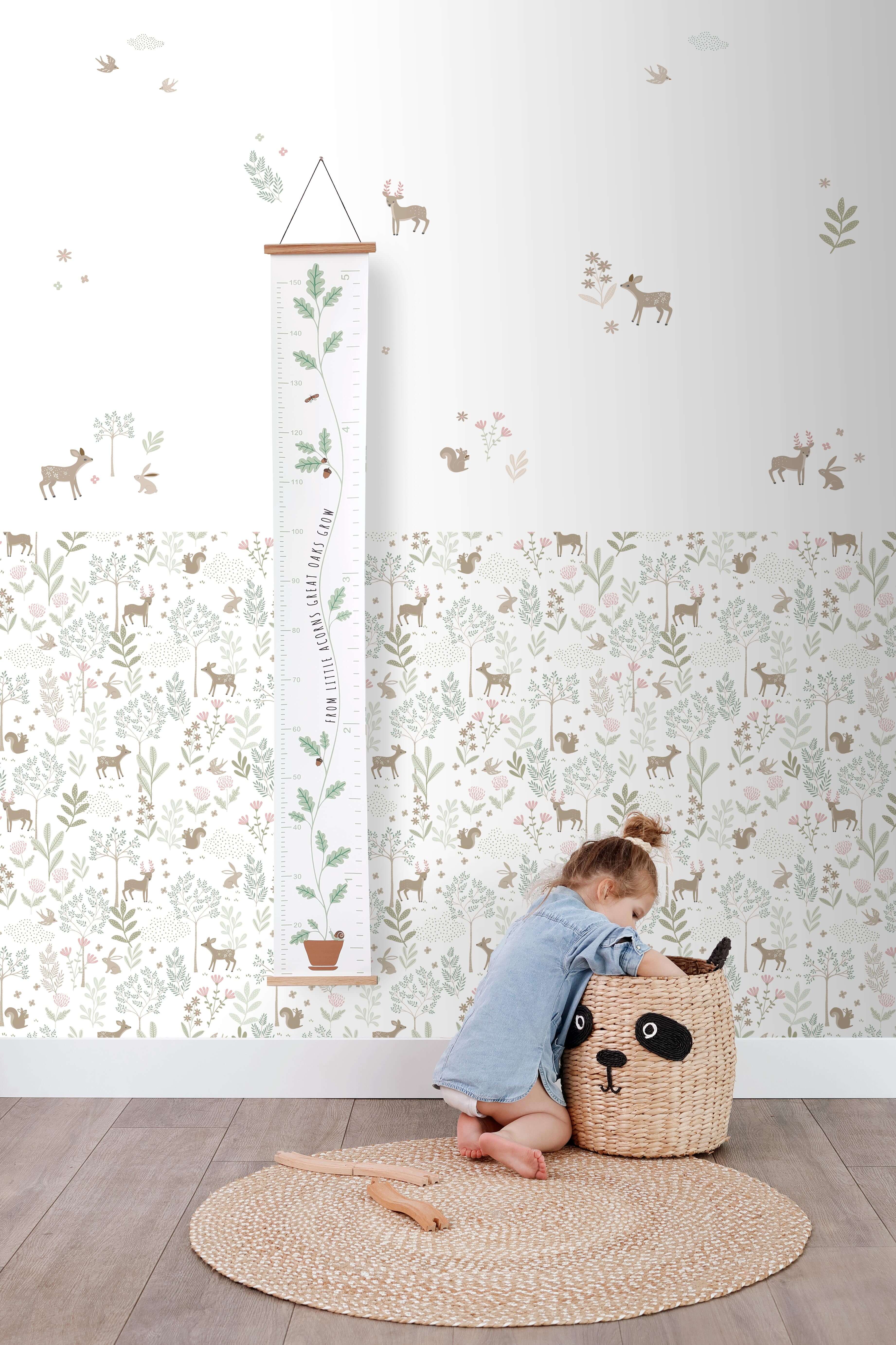 Papier peint forêt avec des animaux de la forêt vert et rose - 53 cm x 10.05 m - ESTAhome - 4