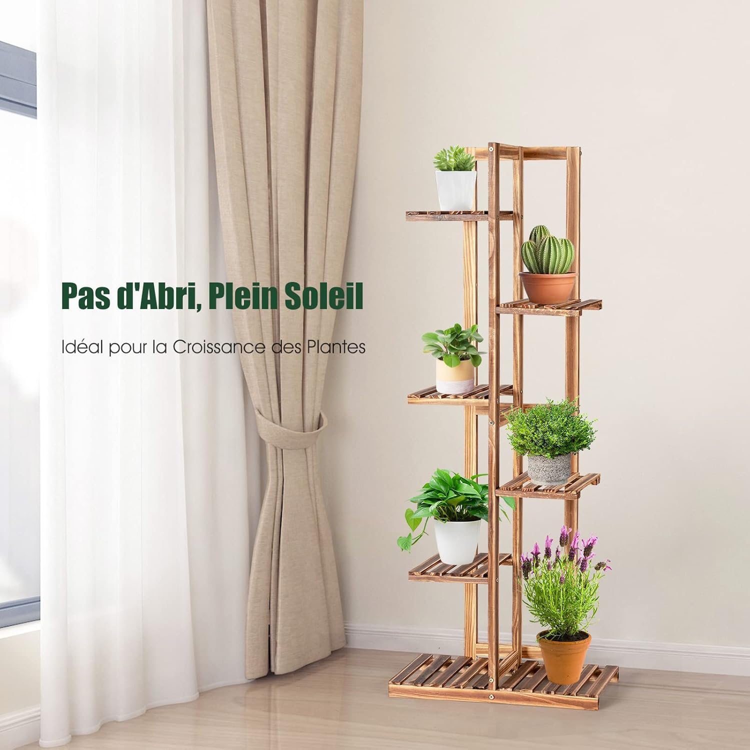 Porte-plantes à 6 Niveaux, Étagère à Fleurs en Bois de Pin, Support à Plantes pour Jardin, Balcon, Extérieur et Intérieur (6 Niveaux) - 6