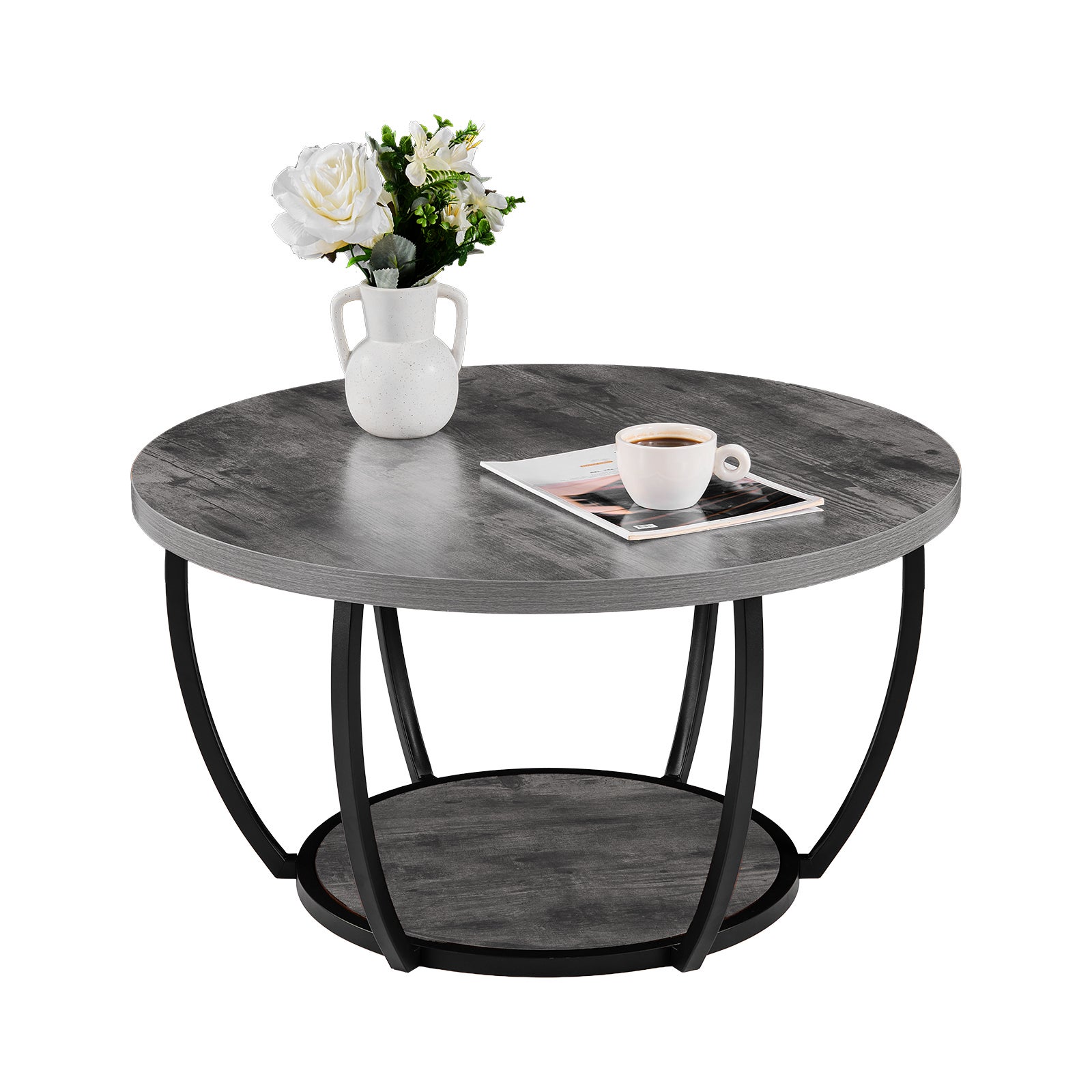 Dwupoziomowy stolik kawowy VEVOR okragly 80 cm z polka metal drewno loft