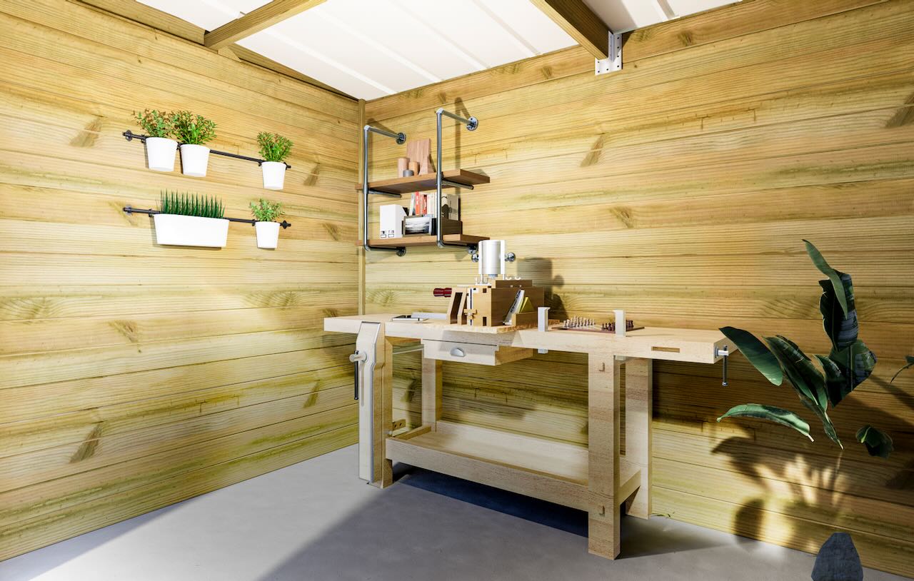 ABRI DE JARDIN bois Pin traité autoclave 27mm - 2,64x4,34m / 11,5m2 - Bac acier - Plancher bois - 3