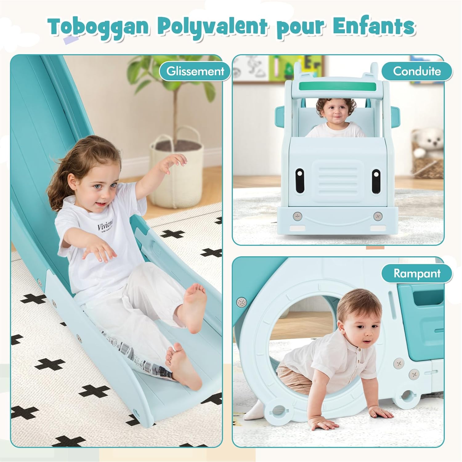 3 en 1 Toboggan Interieur Exterieur Enfants Pliable, Thème Voiture Bebe avec Rampes Surélevées, Volant Simulé, pour 1,5 Ans, Charge 30KG - 3