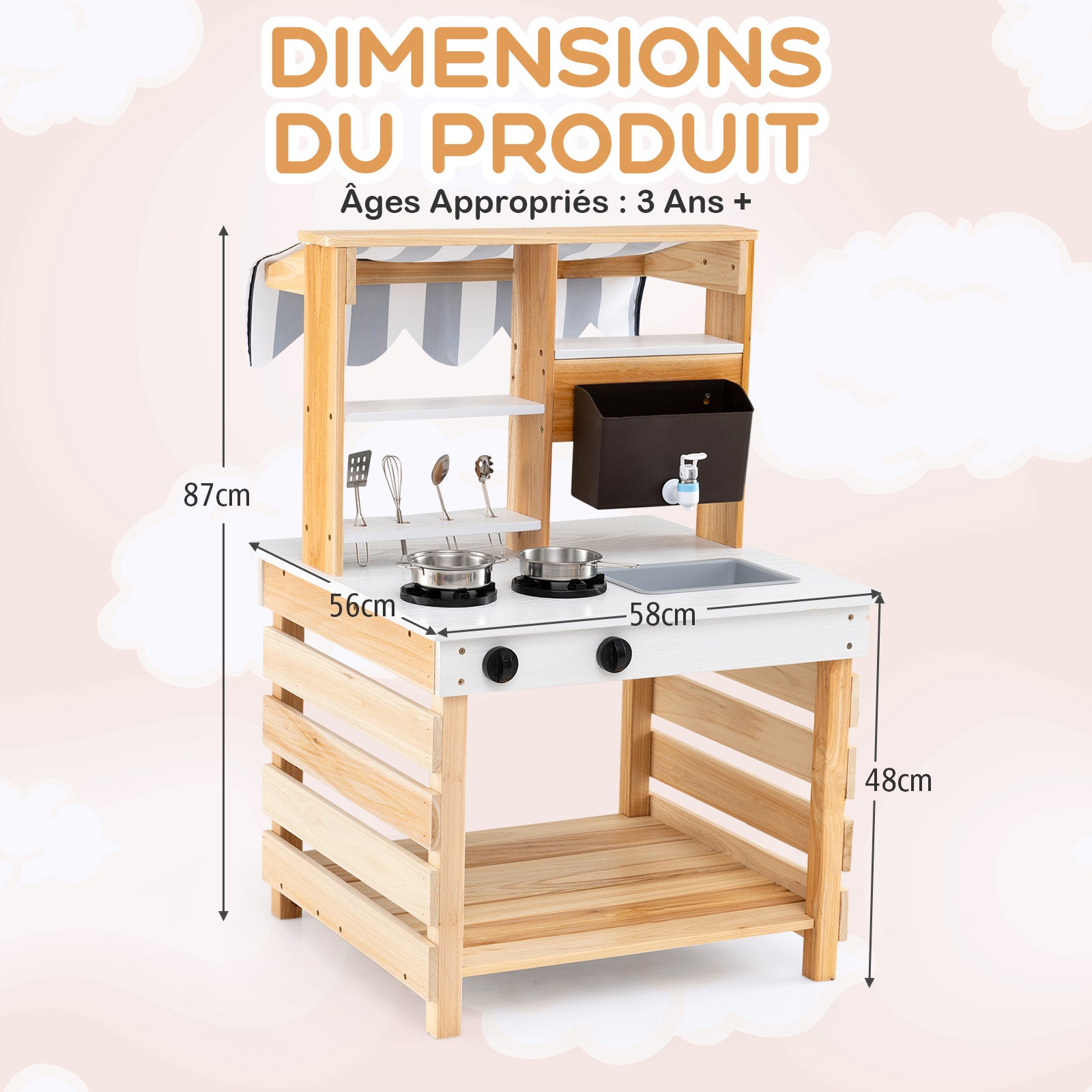 Cuisine Enfant Double Face avec Réservoir à Eau & Evier Amovible, Jeu de Cuisine en Bois avec Auvent & 6 Accessoires, pour 3 Ans+, Naturel - 3
