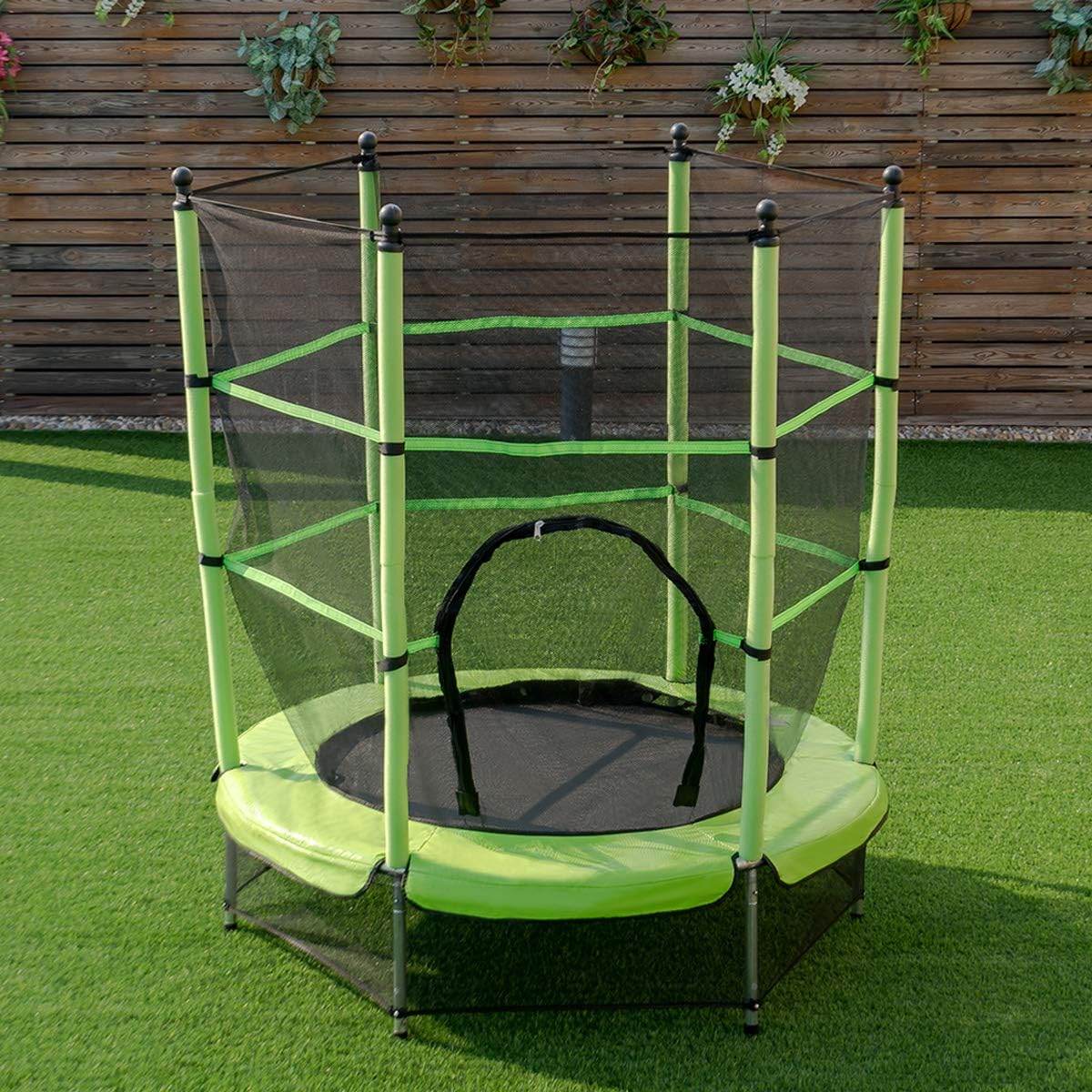 Trampolino Elastico Bambino in Acciaio, Tappeto Elastico Bambini da Esterno e da Interno, con Rete e Cusicnetti Antiscivolo (Verde, 165 x 165 - 5