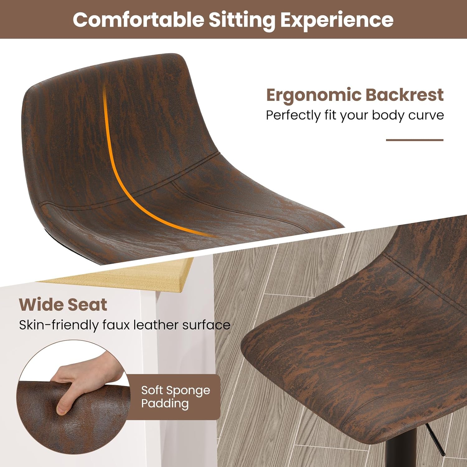 Juego de 2 taburetes de bar, silla giratoria de bar, altura del asiento de 60 a 82 cm, con respaldo curvo, carga 150 kg, para mostrador, isla, bar - 4