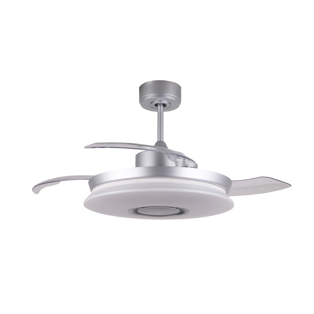 Wentylator sufitowy LED 35W z głośnikiem i kolorowym oświetleniem RGB Cosmo nowoczesny szaro-biały ze składanymi łopatkami ø106,6cm
