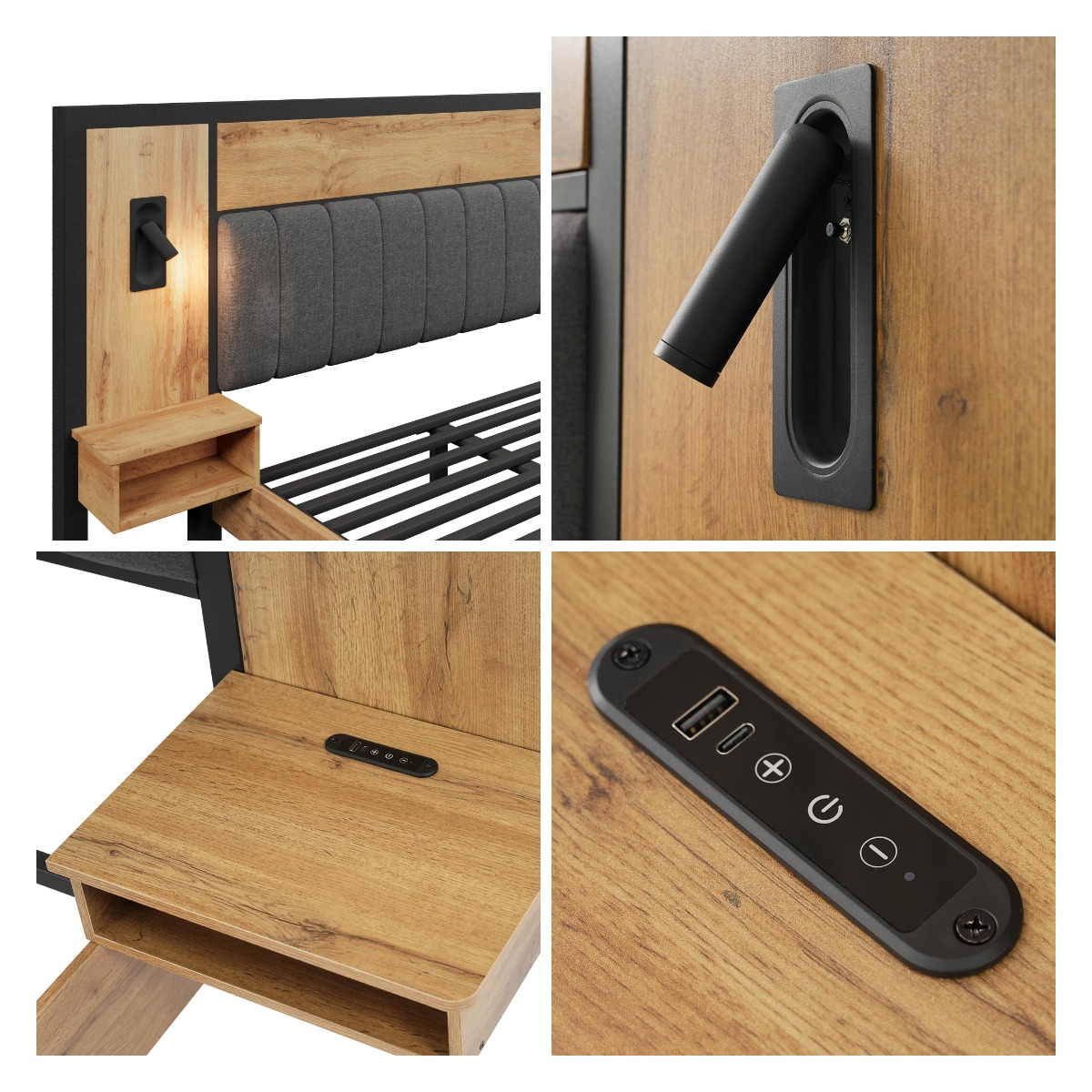 Lit adulte 160×200cm - avec liseuse + prises chargement + banquette de rangement - avec sommier en métal - Naturel - 7