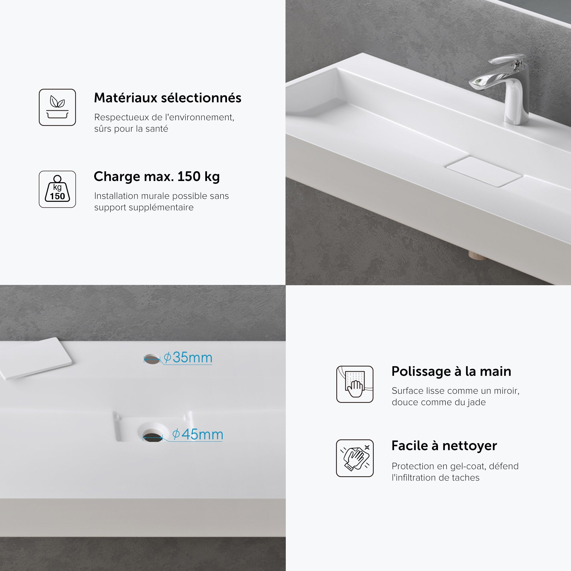 Lavabo Suspendu, Vasque à Poser, Lave-Mains Rectangulaire, 100x46x11cm, Blanc Mat, avec Bonde, Colossum19 doporro - 6