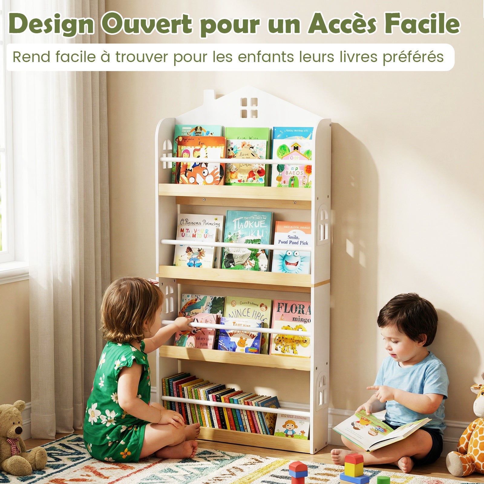 Bibliothèque pour Enfants en Forme de Maison, Étagère à 4 Niveaux avec Barrières Anti-chute et Barres Métalliques, Conception avec Socle Réservé - 4