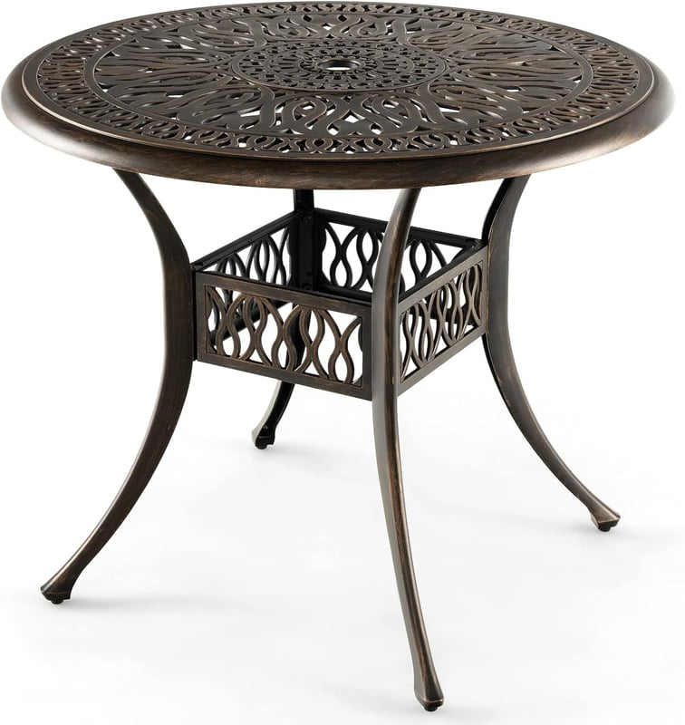 Stół Bistro z Aluminium z Otworem na Parasol o Średnicy 5 cm, Okrągły Stół Ogrodowy z Regulowanymi Nóżkami, Styl Retro, Odpowiedni na Taras