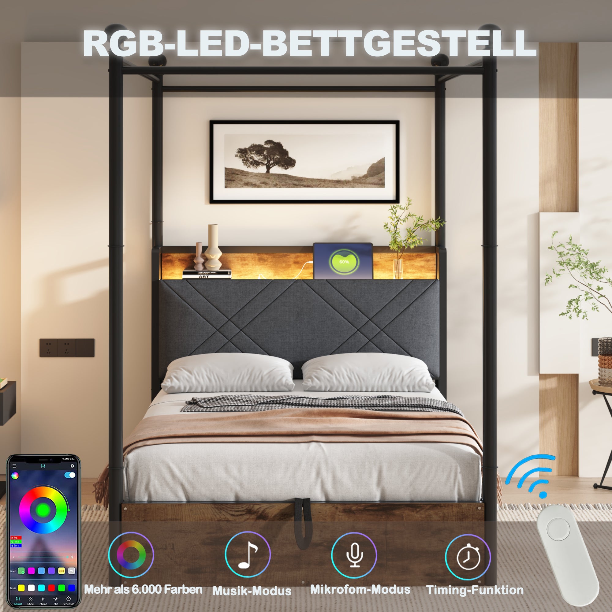 Lit coffre 90x190cm Métal Noir, Rangement Hydraulique, Lit simple&nbsp;capitonné avec LED, Prises USB/Type-C, Cadre de lit en bois (Sans Matelas) - 5