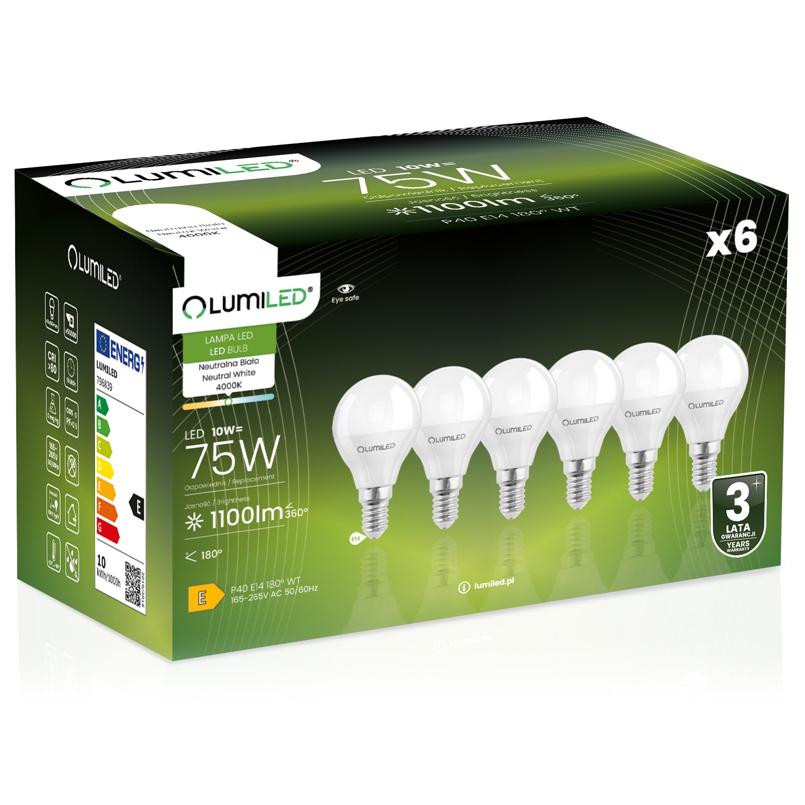 6x Żarówka Lumiled LED E14 Kulka P45 10W = 75W 1100lm 4000K Neutralna 180st
