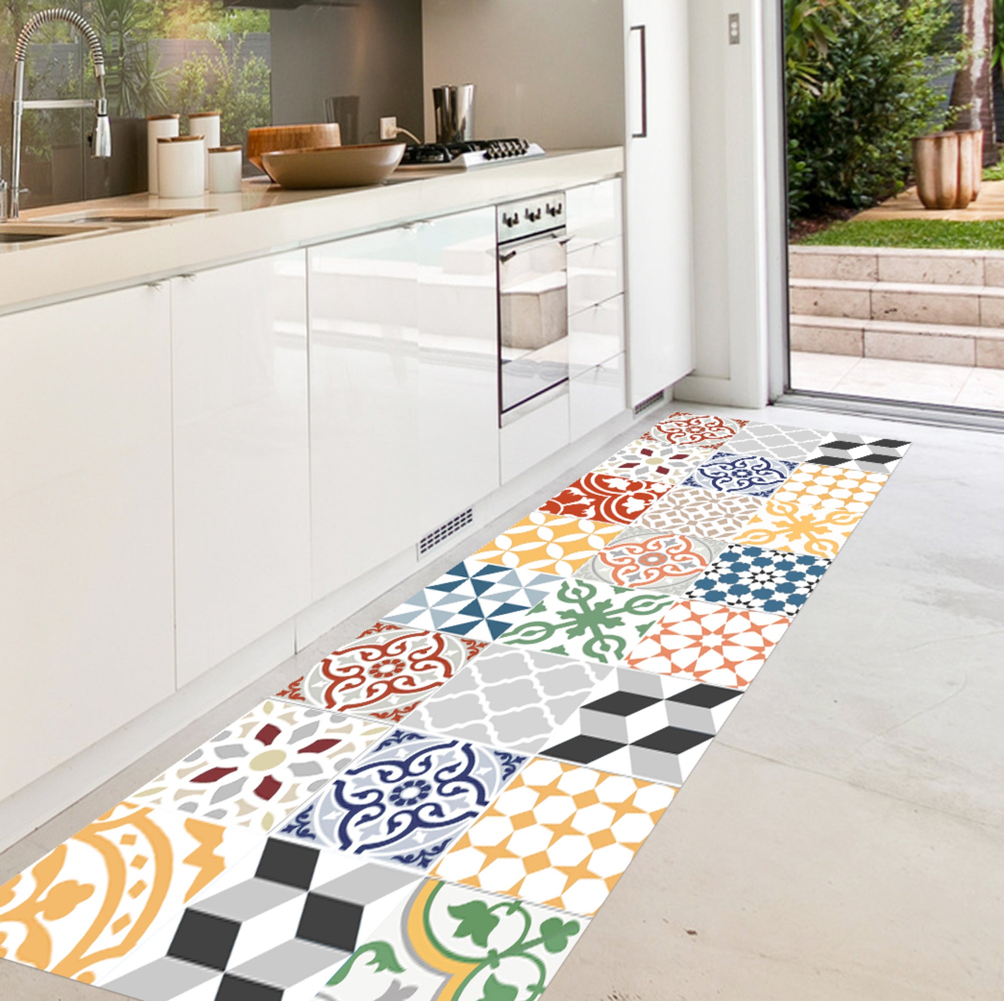 Dywan winylowy, kolorowa patio 66x180 cm - PVC antypoślizgowa, winylowa do kuchni lub salonu, zmywalna, wodoodporna, wielokolorowa