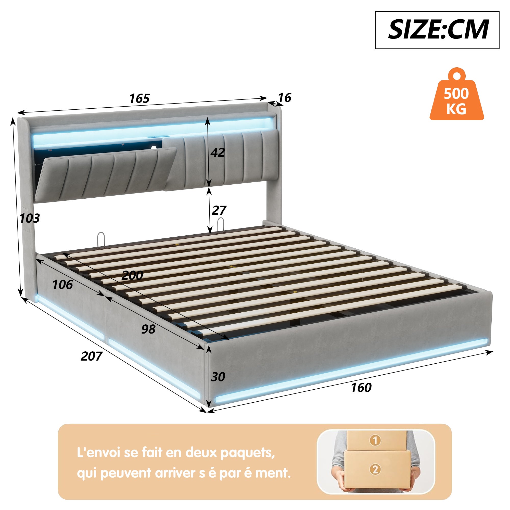 Lit 160x200cm - Lit coffre 160x200 avec sommier et tête de lit rangement - LED et port charge - velours - gris - 4