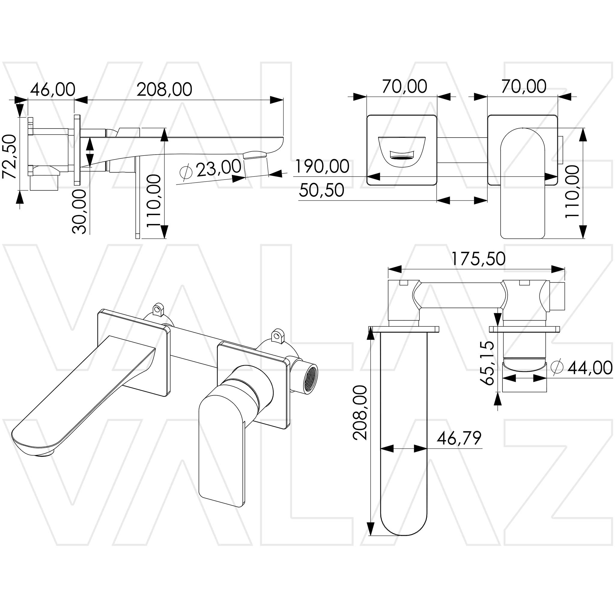 Valaz Rubinetto monocomando quadrato per lavabo da incasso in oro spazzolato con bocca da 21 cm - Serie Esla - 2