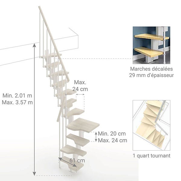 Escalier 1 quart tournant 10 marches - Hauteur à franchir de 2.21 à 2.61m - Largeur 61cm - Couleur bois et blanc - MINI61/L/SBMBLA-10 - 2