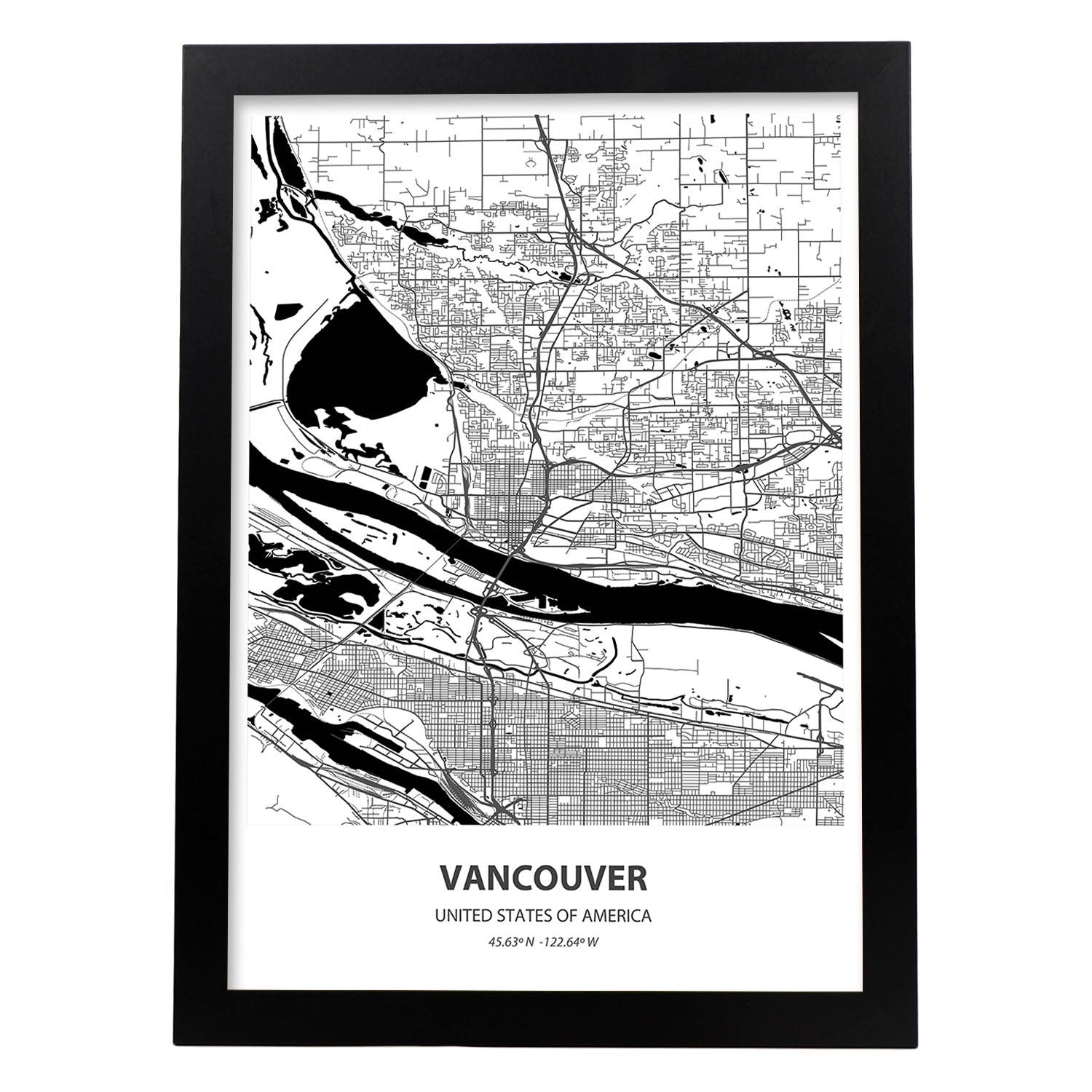 Poster con mapa de vancouver usa. láminas de ciudades de estados unidos con mares y rios en color negro. sin marco - a3