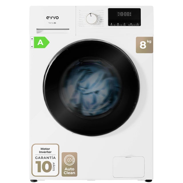 EVVO Lavadora 8 kg carga frontal Terra N8, 1400 rpm, Clase energética A, 16 programas, Lavado Rápido 15', Inicio diferido, Blanco