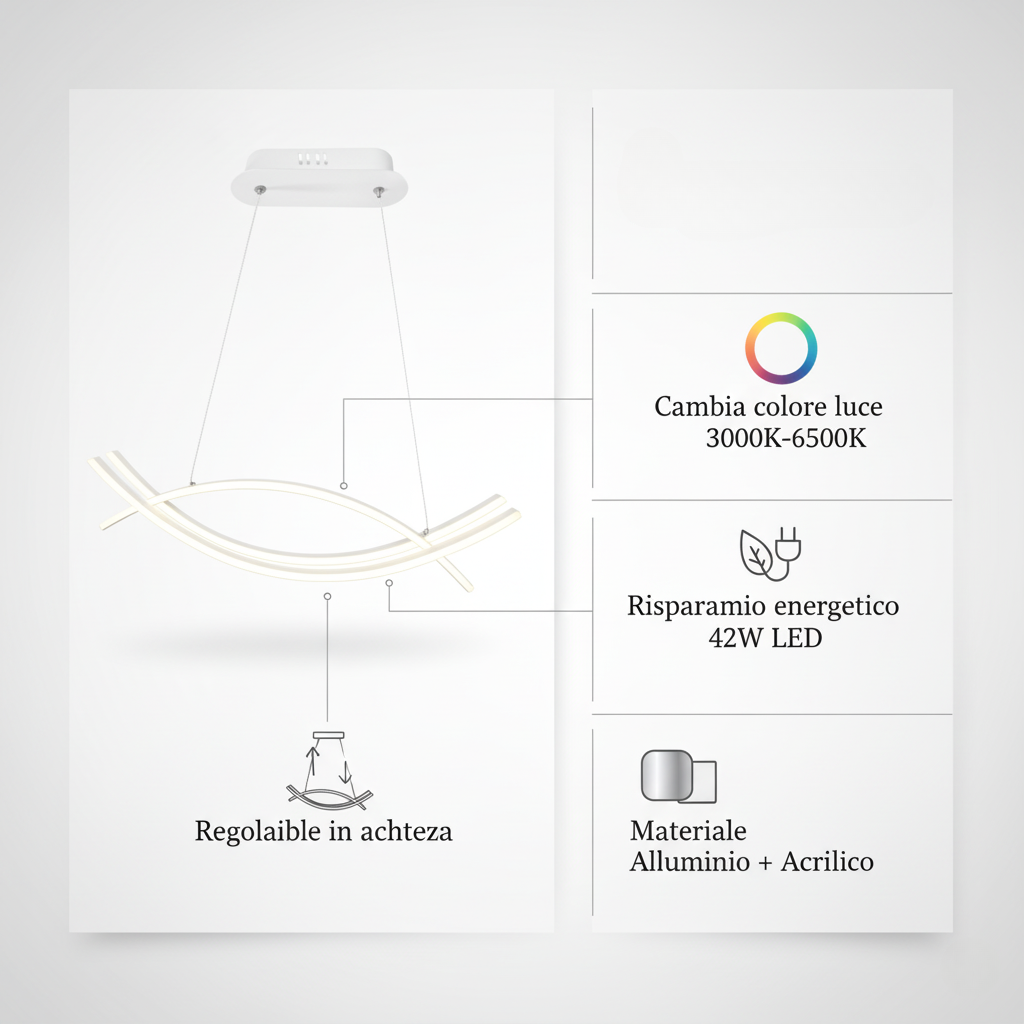 Lampadario LED Moderno a Sospensione 42W Dimmerabile con Telecomando Luce Calda Fredda CCT 3000K-6500K Design Curvo Bianco 3360 Lumen - 3