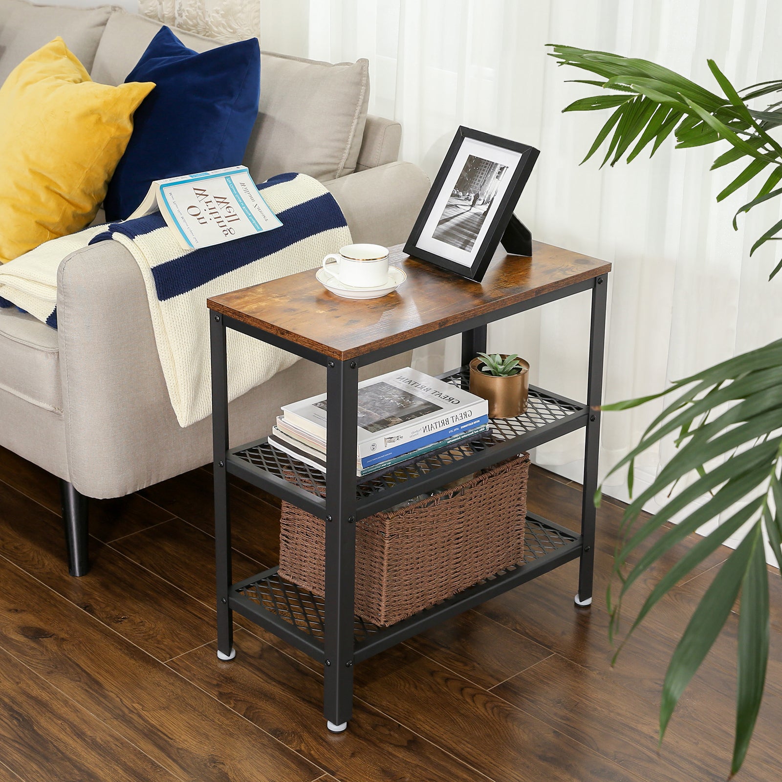 Table d’Appoint, Table Console, 2 Étagères en Maille, pour Salon, Chambre, Bureau, Gain d’Espace, Montage Facile, Style Industriel, Marron Rustique - 2