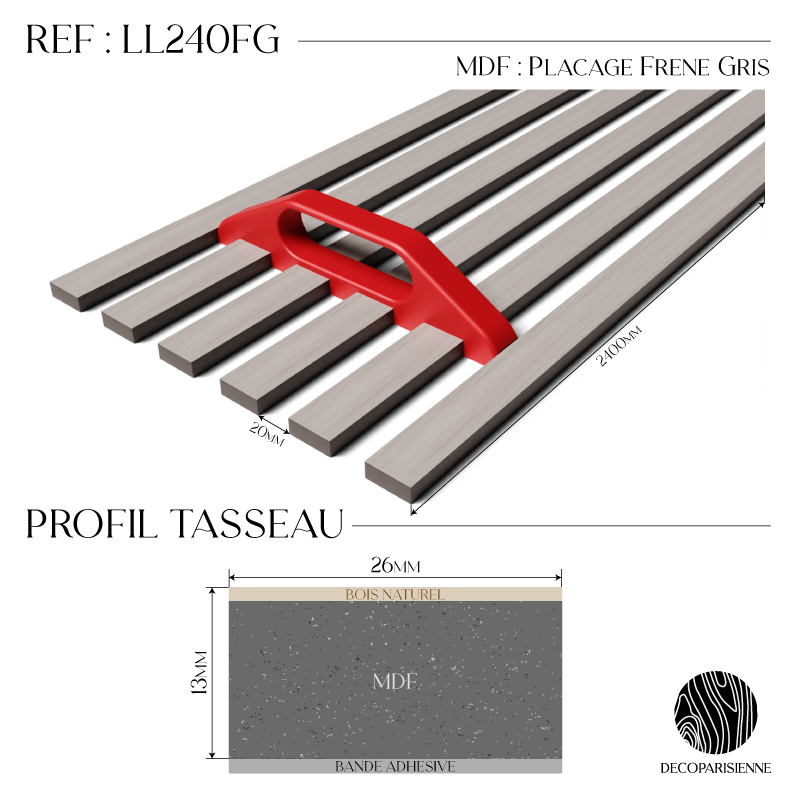 Pannelli decorativo grigio cenere - Dima di installazione fornita - Superficie di 1,2 m2 - Pannello listelli su misura - 2