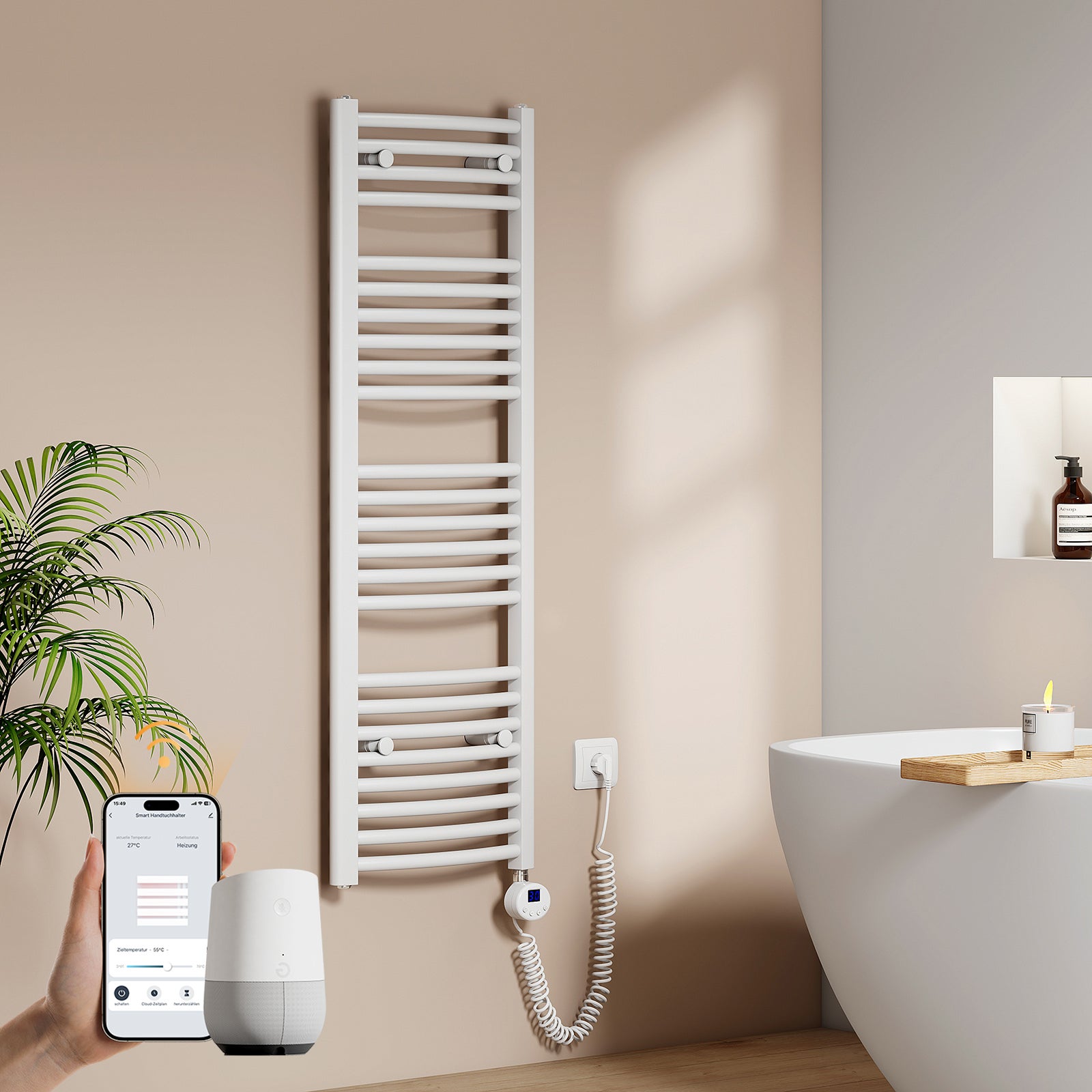 EMKE Grzejnik elektryczny łazienkowy Wygięta 120x40cm - Inteligentne Sterowanie z Programatorem Tygodniowym w Aplikacji - 500W - Biały