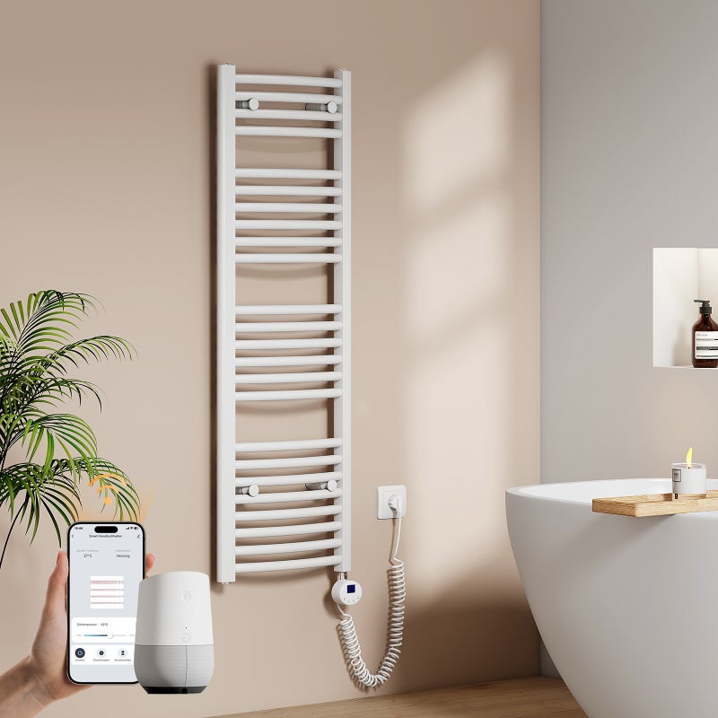 EMKE Grzejnik elektryczny łazienkowy Wygięta 120x40cm - Inteligentne Sterowanie z Programatorem Tygodniowym w Aplikacji - 500W - Biały