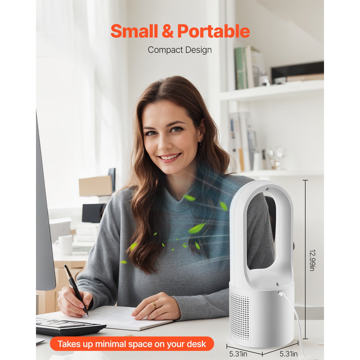 Ventilador de Mesa sem Pás SucceBuy USB Silencioso 7 W 6 Velocidades com Ecrã LCD Compacto Portátil para Quarto Casa Escritório 330 mm - 6