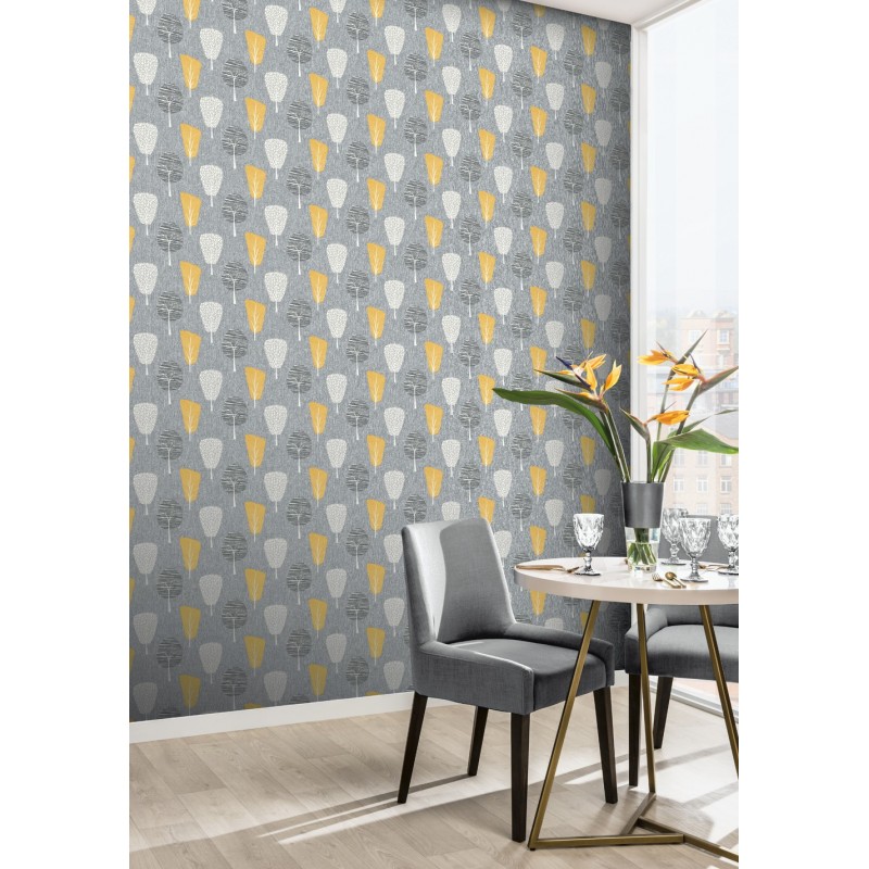 Papel pintado pared árbol de estilo retro - retro tree gris y amarillo arthouse - rollo de 10 m x 0,53 m