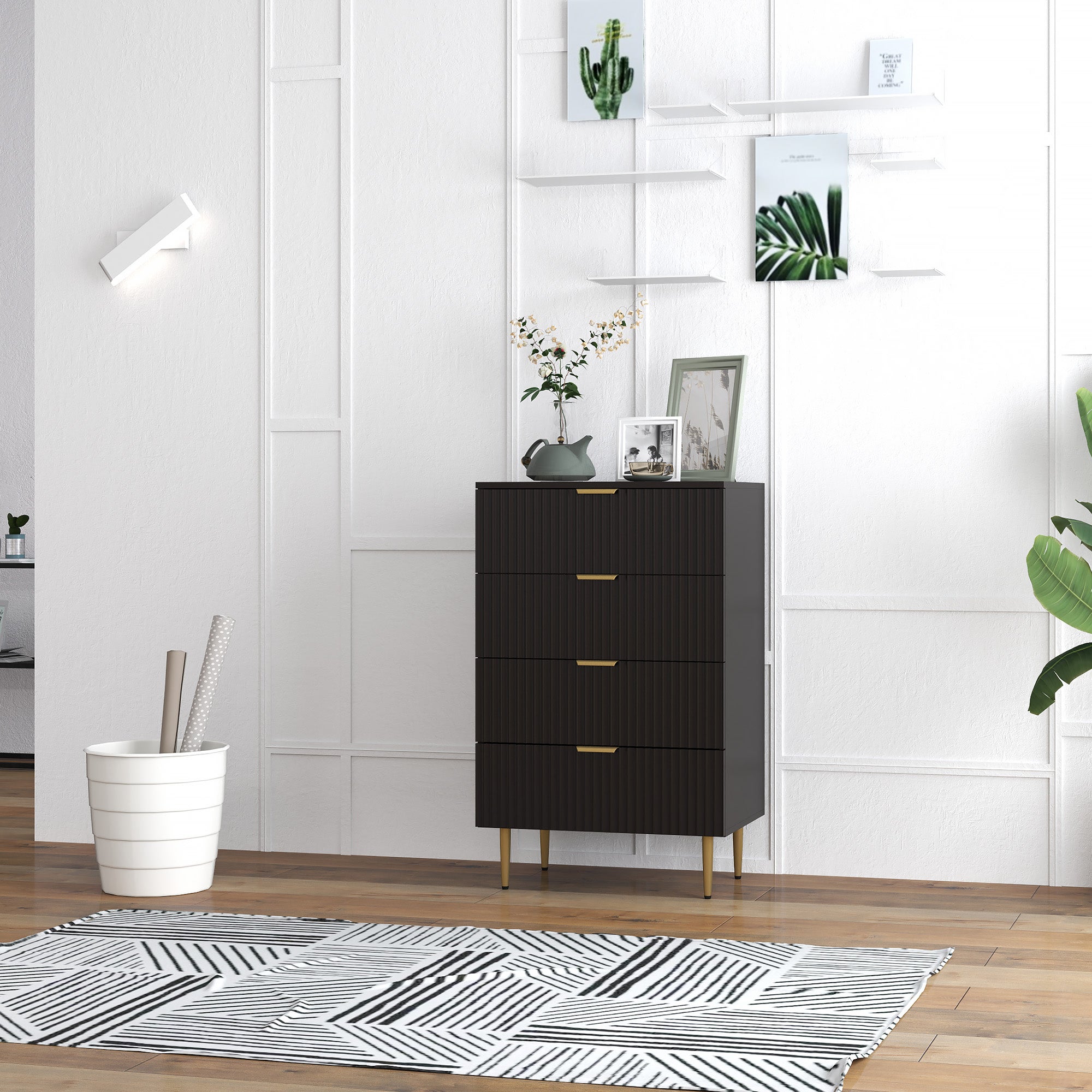 Commode 6 tiroirs design effet cannelé piètement métal doré noir ...