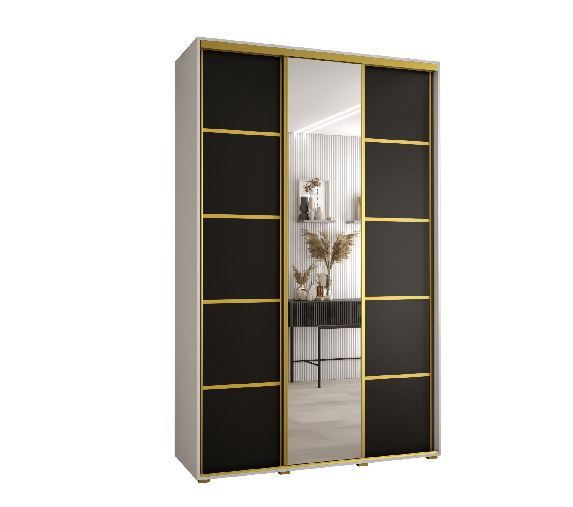 Szafa przesuwna z lustrem wysoka Davos 5 160 x 60 x 235,2 cm biały + czarny + u. złoty - Abiks Meble