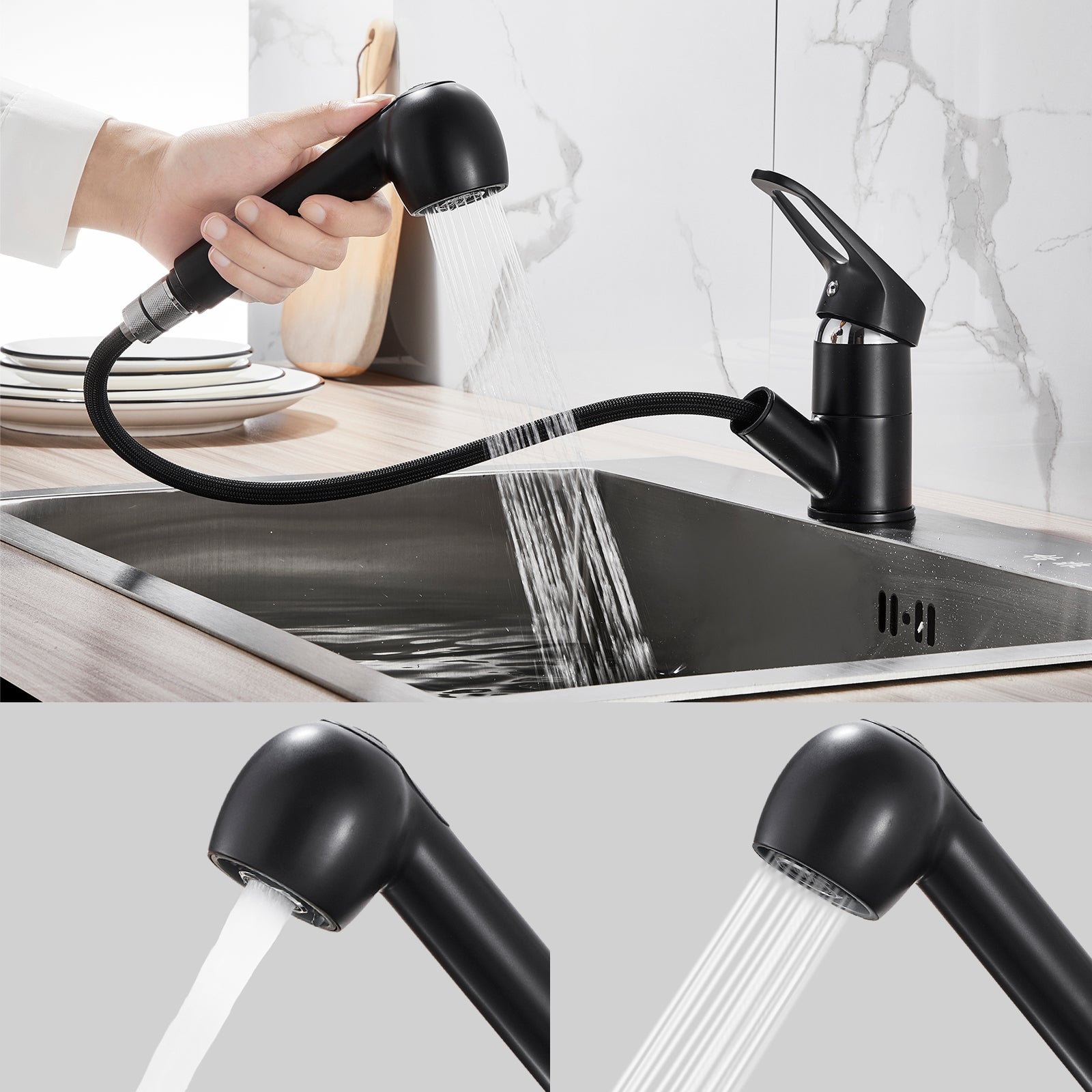 LOVHAUS Wyciągana Bateria Kuchenna, Bateria Zlewozmywakowa Obrotowa 360°, Jednouchwytowa Bateria Zlewozmywakowa z Podwójną Głowicą Natryskową
