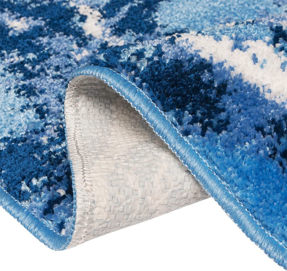 Tapis de Salle de Bain Moderne 60x120 cm Effet Marbre Tapis de Chevet Shaggy Doux et Antidérapant Bleu - 3