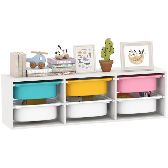 Étagère de rangement en bois pour jouets d'enfants avec 6 bacs en plastique amovibles, multicolore