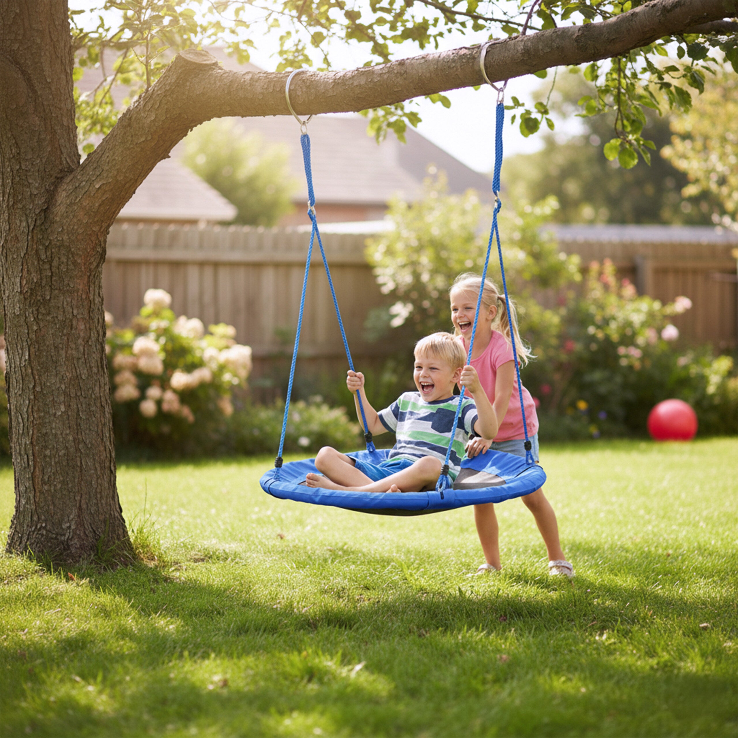 Balançoire nid d'oiseau rond 110 cm à suspendre enfant adulte jardin extérieur Ø 110 cm, 100 kg, bleu, Relaxdays - 2
