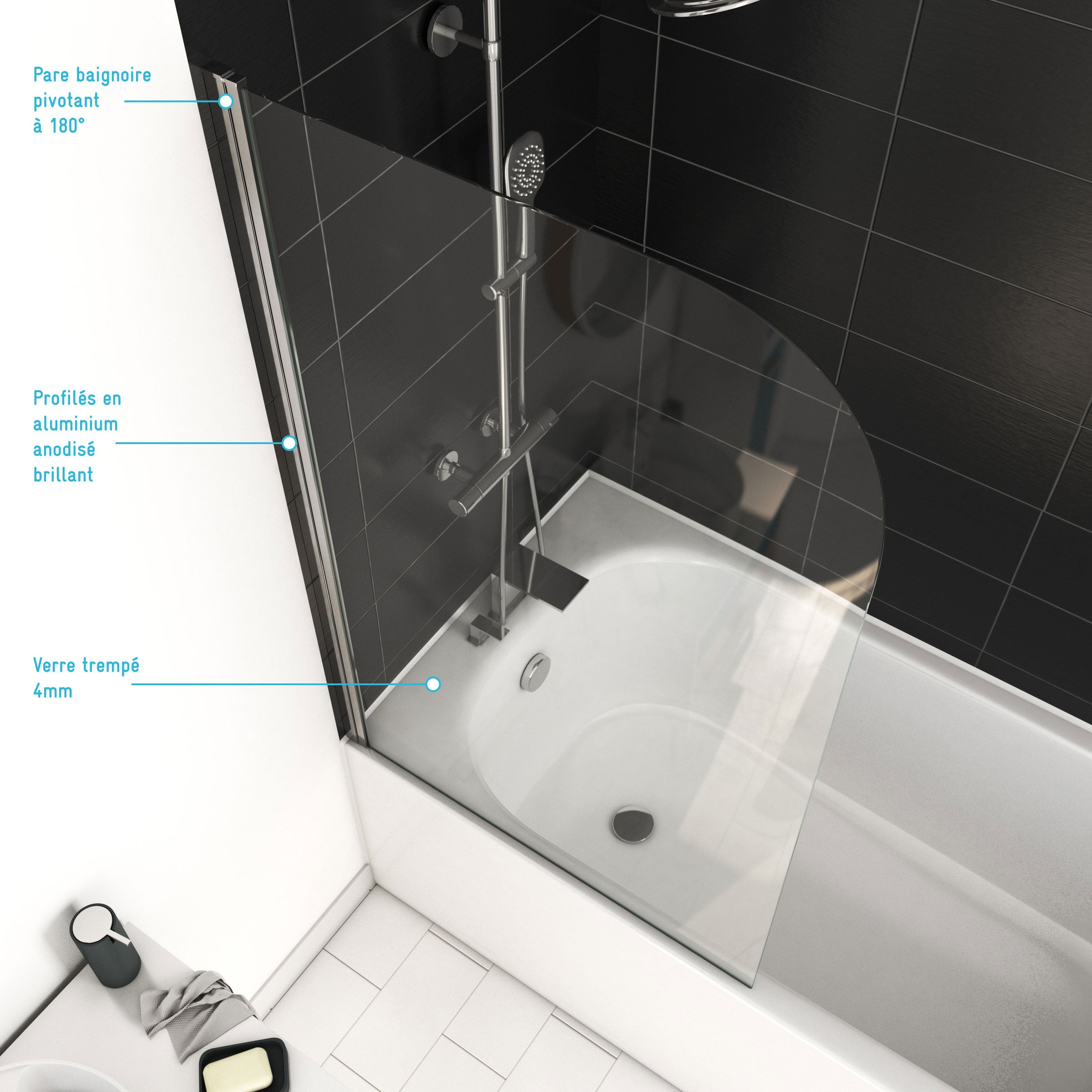 PARE BAIGNOIRE PIVOTANT 130x75cm PROFILE ALUMINIUM CHROME - VELA CHROME - 4